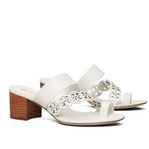 Tory Burch White Sandals with Brown Heel